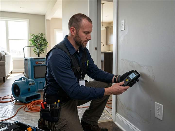 Water damage restoration technician testing moisture levels inside a Marietta residential property