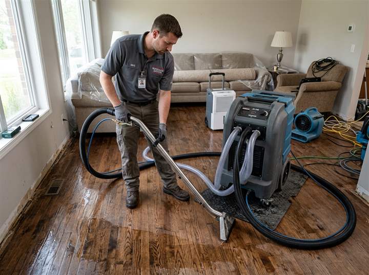 Water damage restoration technician operating commercial water extraction equipment